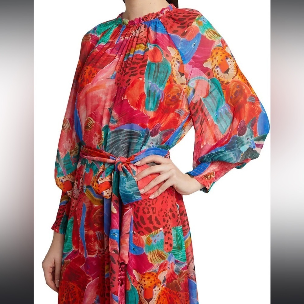 NWOT Farm Rio Animal Collage print belted long sleeves high neck Maxi Dress sz M - Picture 3 of 8